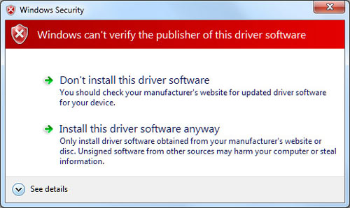 Windows can't verify the publisher of this driver software